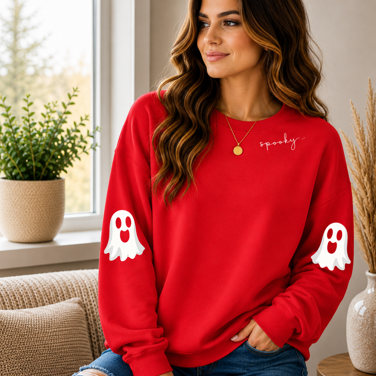 👻 Women’s Cute Ghost Halloween Sweatshirt – Cozy Long Sleeve Pullover, Spooky Fall Casual Top