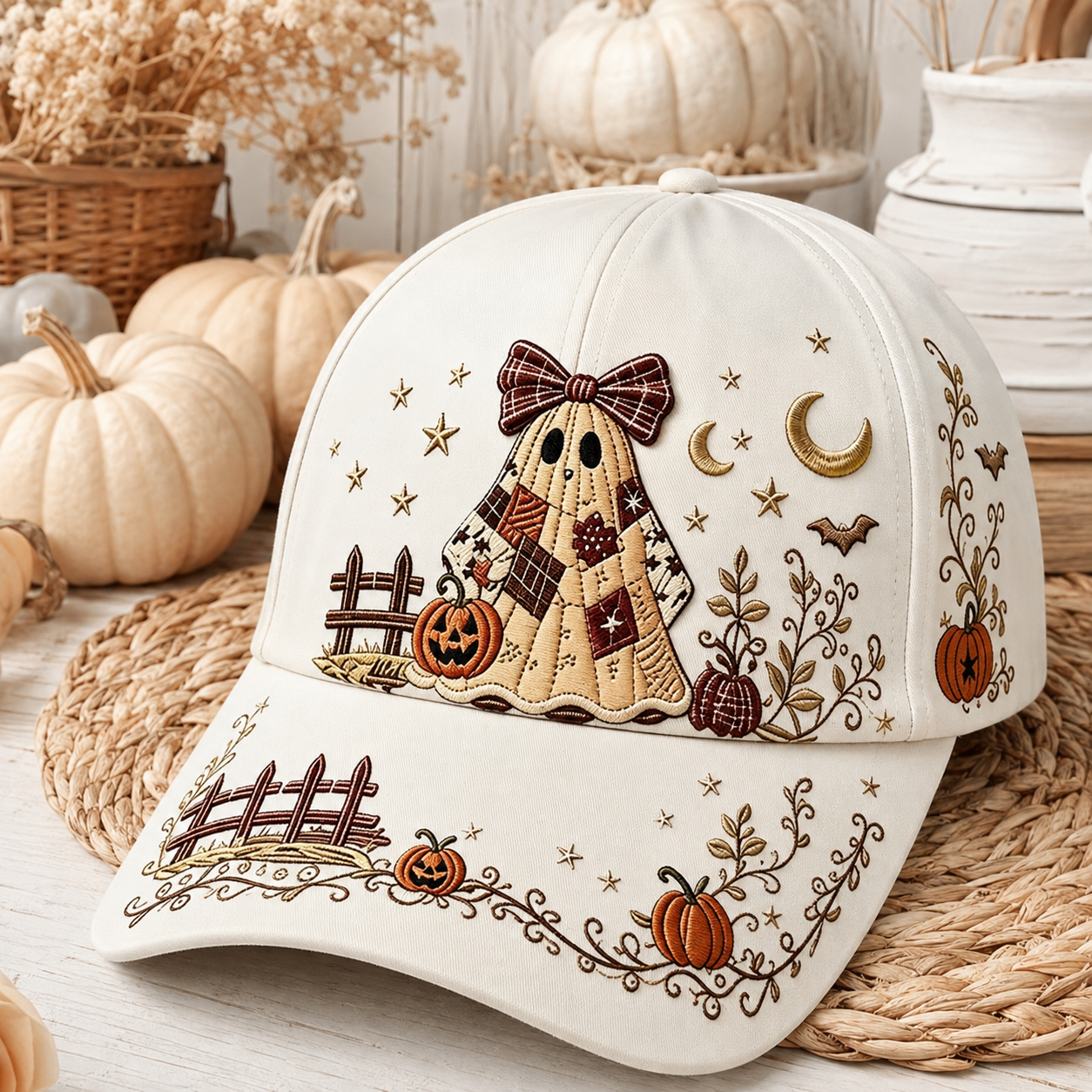 🎃 Vintage Ghost Embroidered Halloween Baseball Cap – Cozy Fall Pumpkin & Moon Design 👻🍂