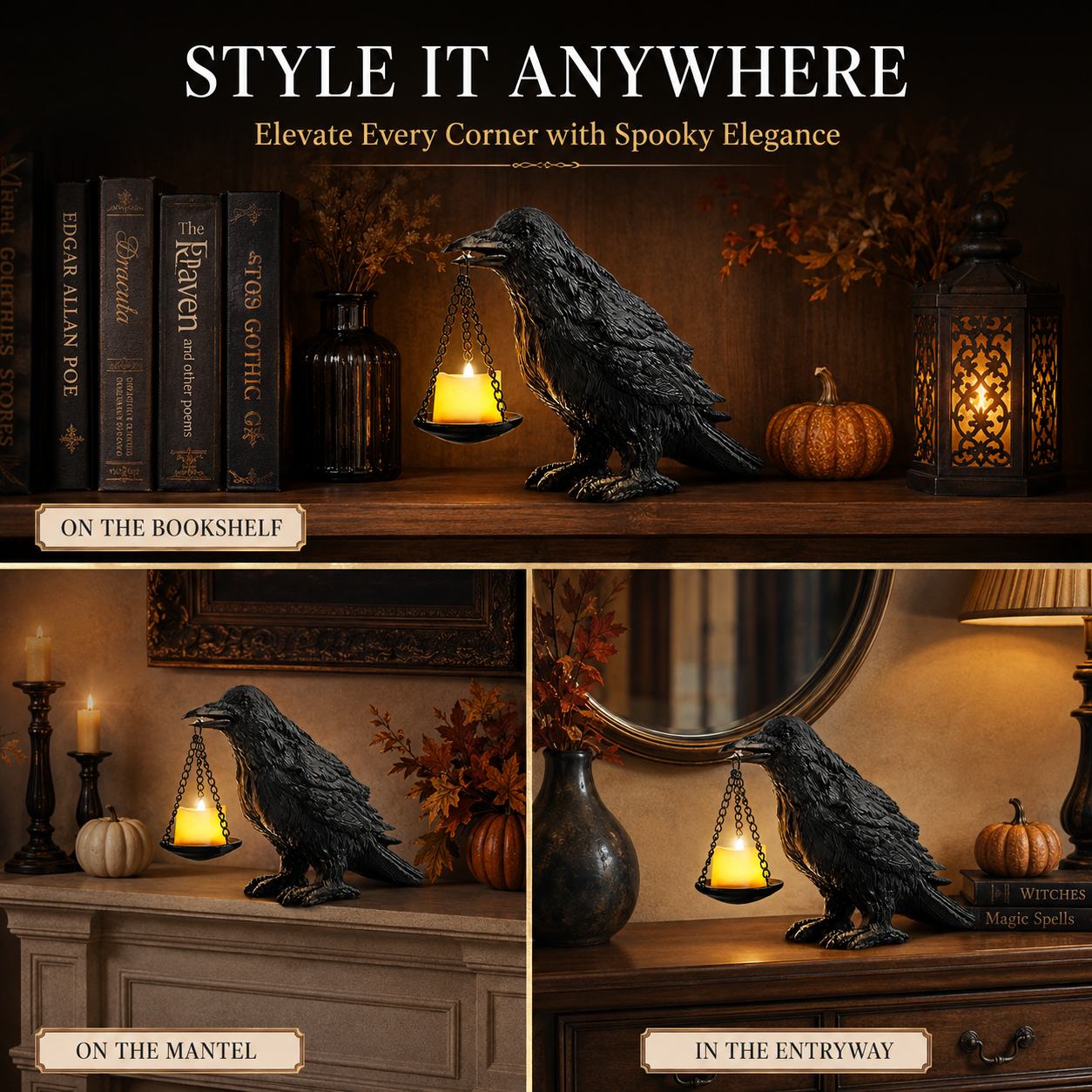 **Gothic Raven LED Candle Holder 🖤 – Spooky Hanging Lantern Décor for Halloween & Home**