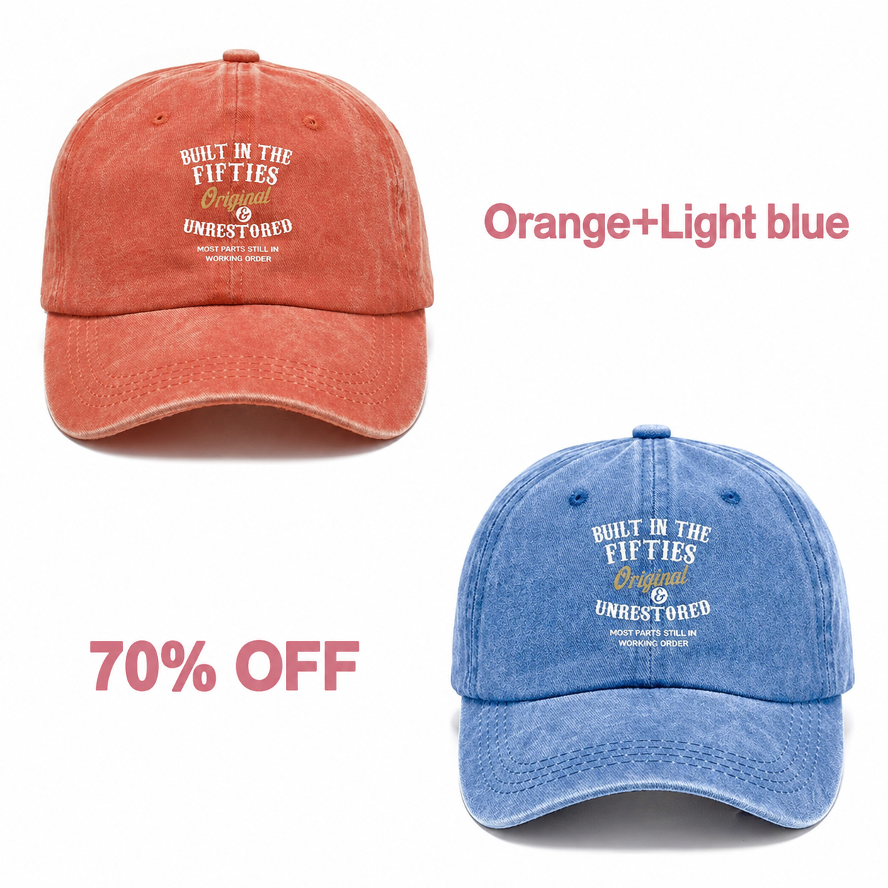 📢📢 70% OFF!! 🧢Vintage-Style Baseball Cap  Multiple Decades to Choose From - Orange + Light blue bundle