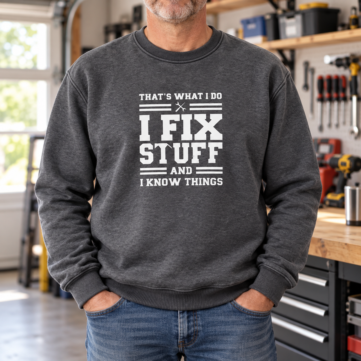 🔧 I Fix Stuff & I Know Things | Funny Men’s Crewneck Sweatshirt