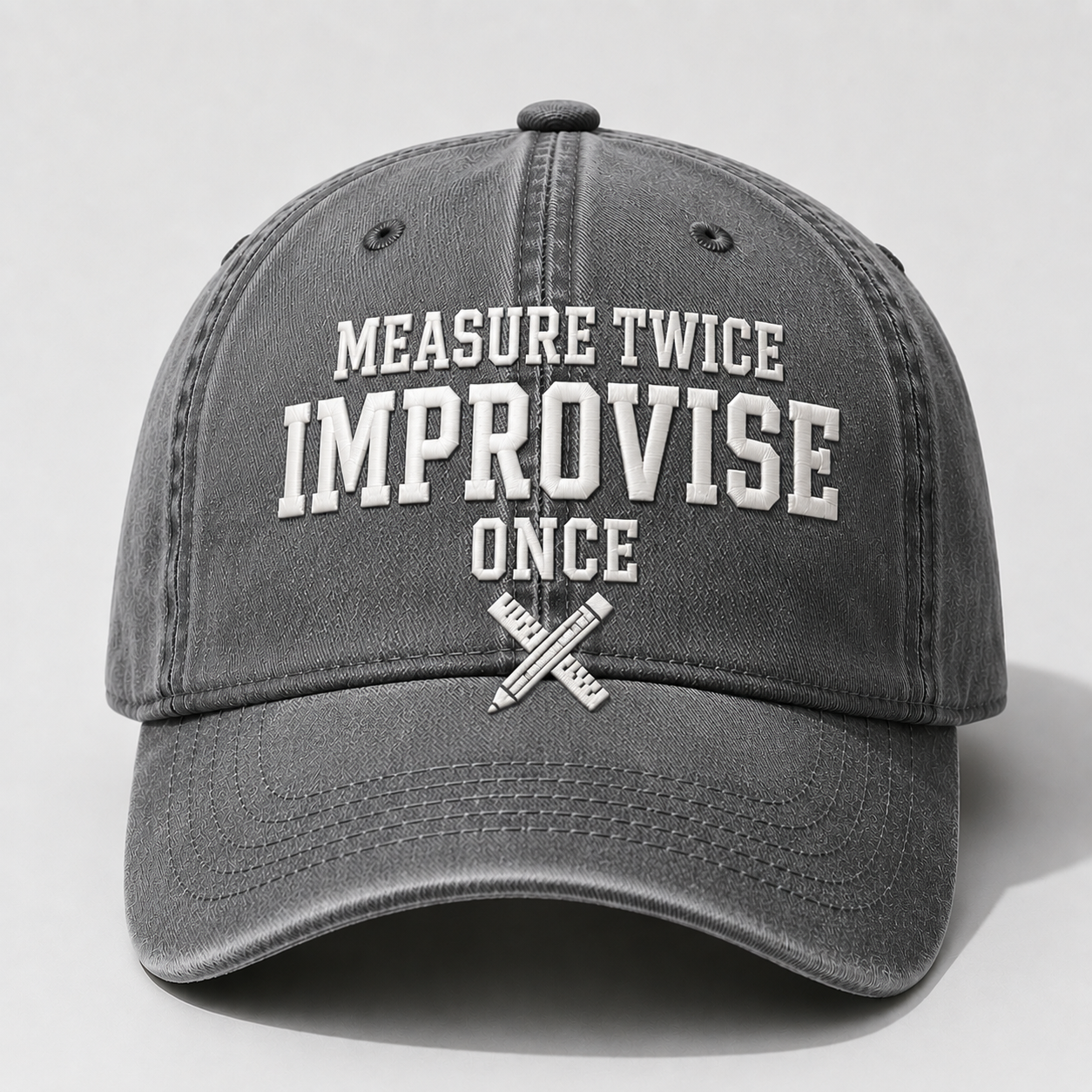 Men’s Vintage Embroidered Baseball Cap – “Measure Twice, Improvise Once” Adjustable Casual Hat