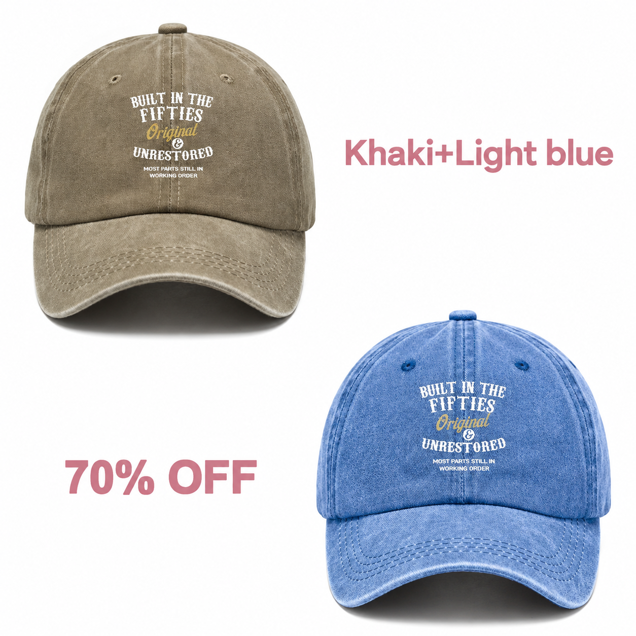 📢📢 70% OFF!! 🧢Vintage-Style Baseball Cap  Multiple Decades to Choose From - Khaki + Light blue bundle