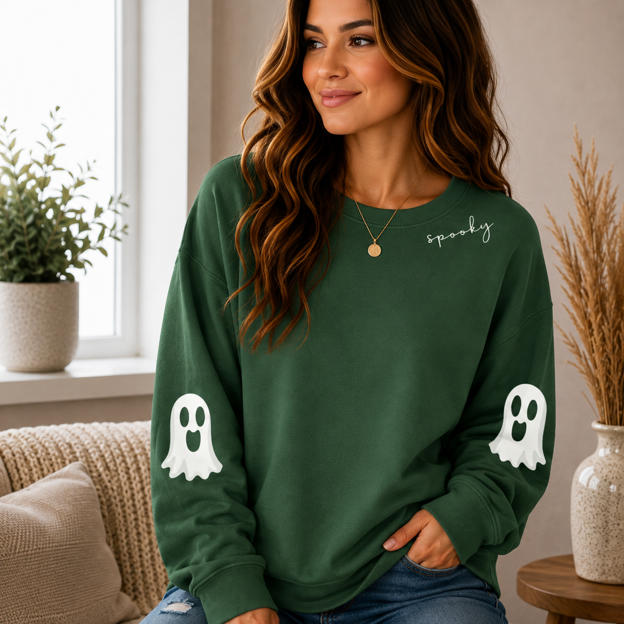 👻 Women’s Cute Ghost Halloween Sweatshirt – Cozy Long Sleeve Pullover, Spooky Fall Casual Top