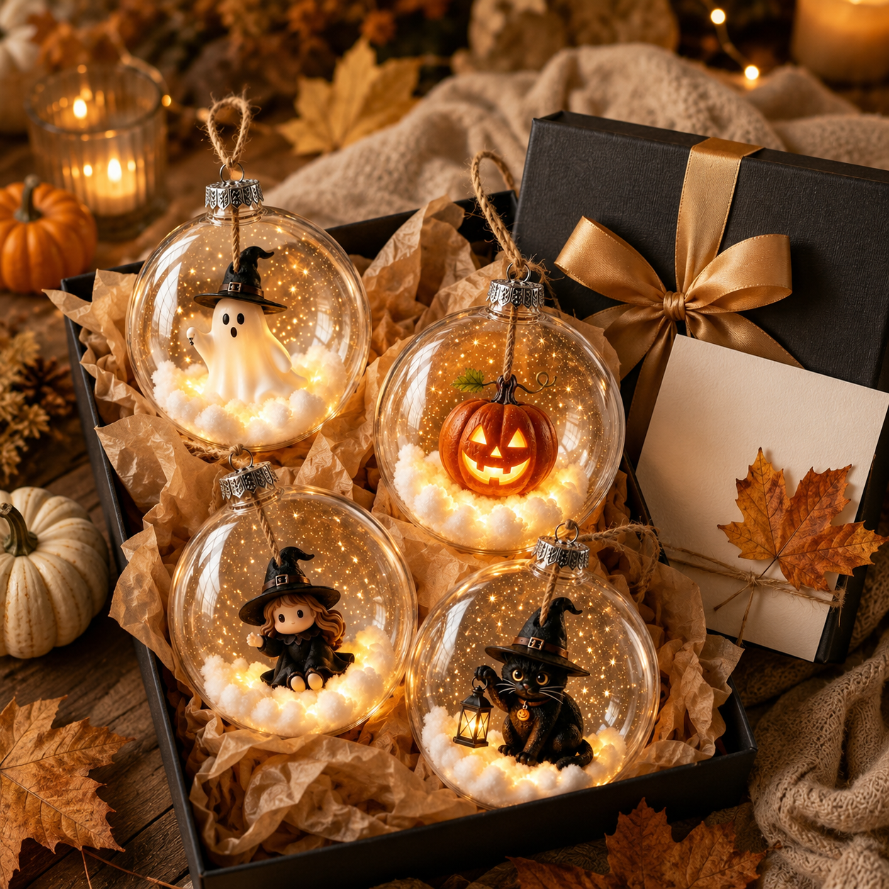 Quatre ornements lumineux d’Halloween présentés dans un coffret cadeau