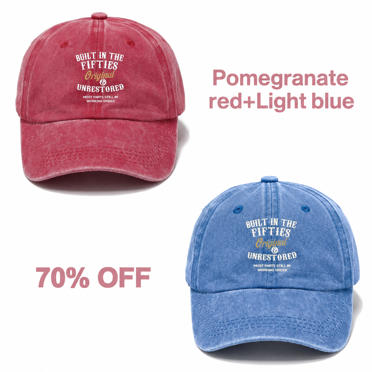 📢📢 70% OFF!! 🧢Vintage-Style Baseball Cap  Multiple Decades to Choose From - Pomegranate red + Light blue bundle