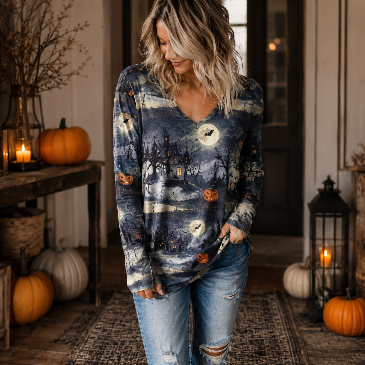 🎃 Spooky Sweet Halloween V-Neck Top – Festive Long Sleeve Style for Fall 👻🍬
