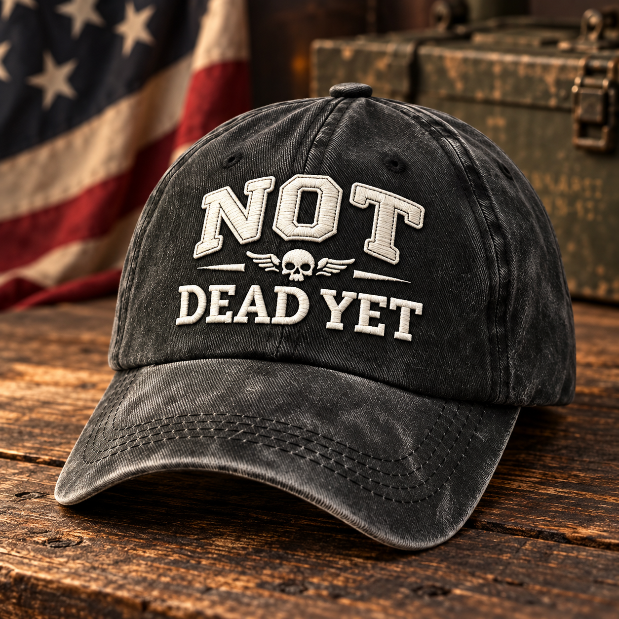 🧢Not Dead Yet Veteran Pride Dad Hat – Vintage Embroidered Cap
