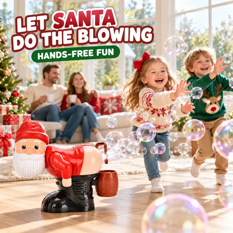 Children chasing bubbles from a hands-free Santa bubble machine while parents relax