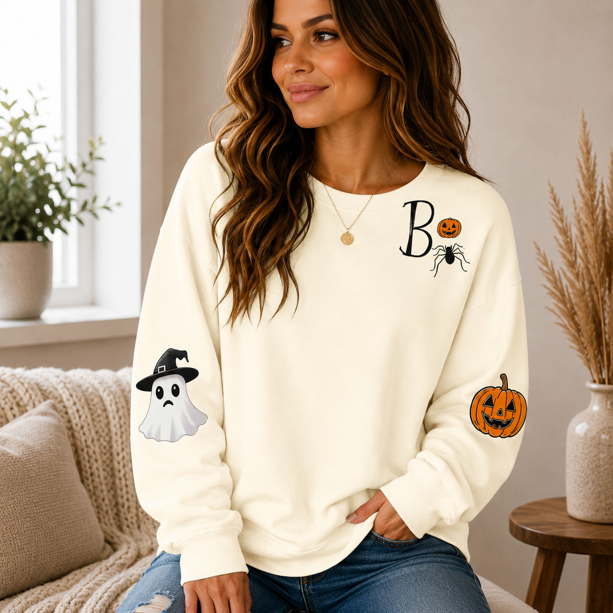 👻 Women’s Cute Ghost Halloween Sweatshirt – Cozy Long Sleeve Pullover, Spooky Fall Casual Top