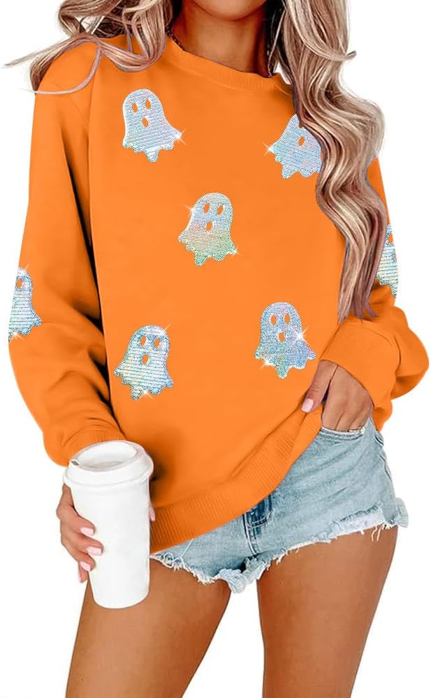 👻 Women's Halloween Sequin Pullover – Fun Ghost Graphic Crewneck for Festive Looks