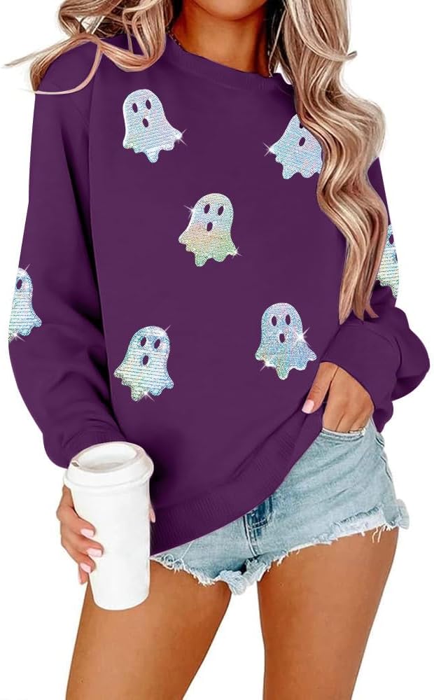👻 Women's Halloween Sequin Pullover – Fun Ghost Graphic Crewneck for Festive Looks
