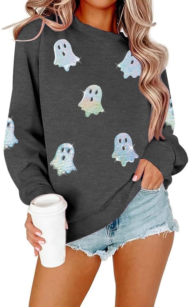 👻 Women's Halloween Sequin Pullover – Fun Ghost Graphic Crewneck for Festive Looks