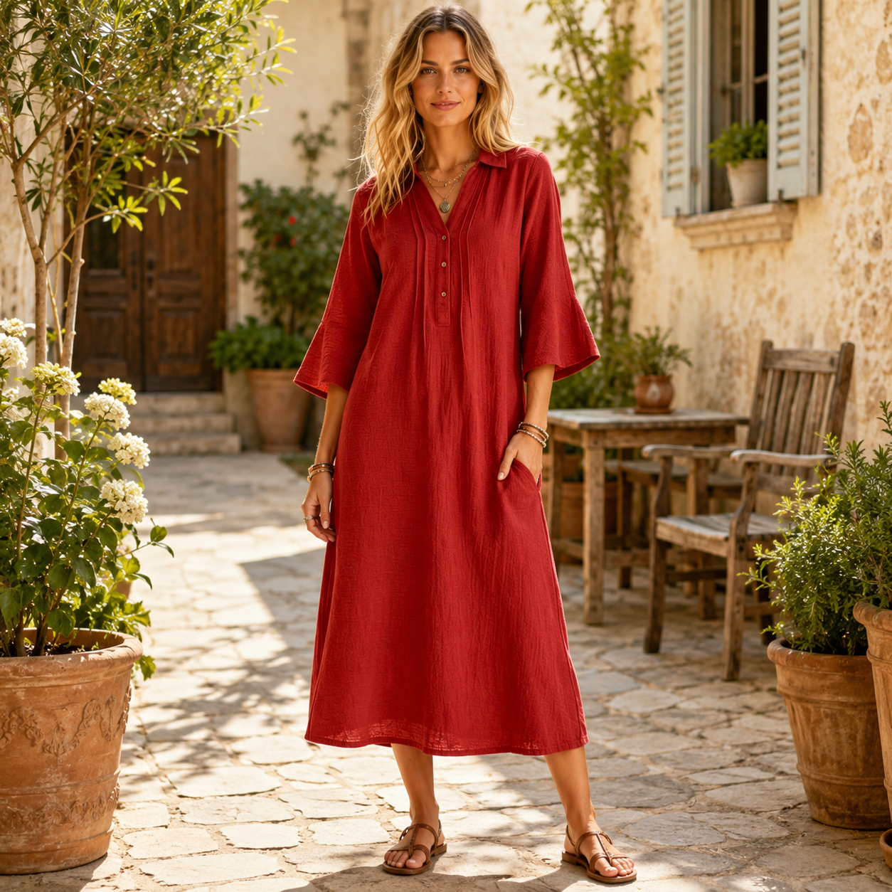🌿 Luftig, bequem & stilvoll – Locker fallendes Hemdblusenkleid mit Taschen, Dreiviertelärmeln und femininer A-Linie ✨