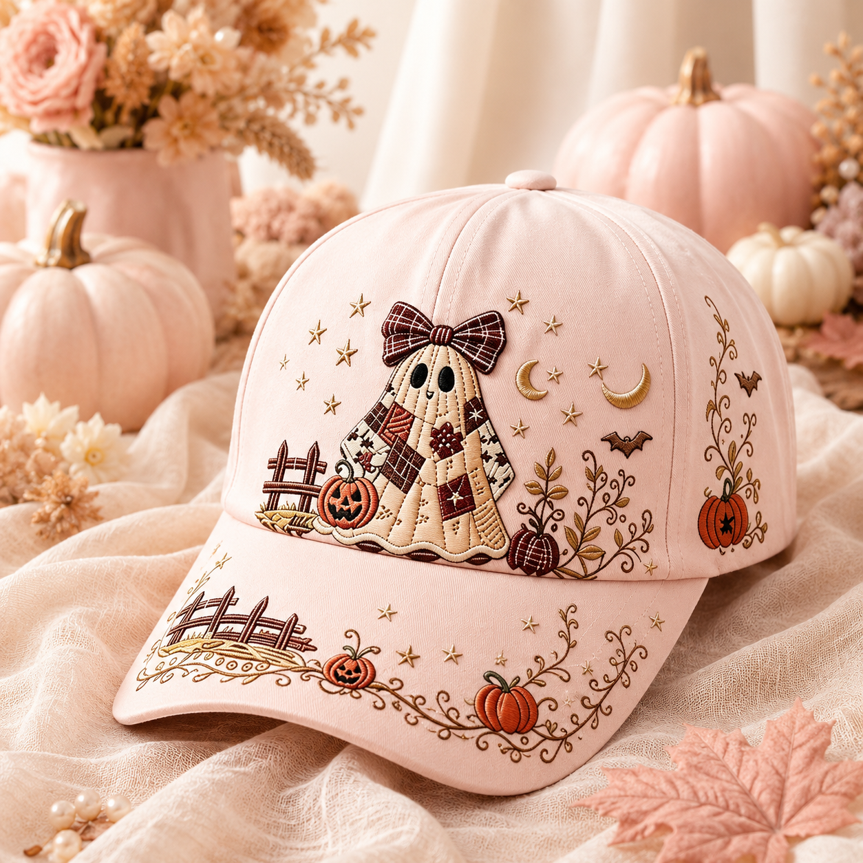 🎃 Vintage Ghost Embroidered Halloween Baseball Cap – Cozy Fall Pumpkin & Moon Design 👻🍂