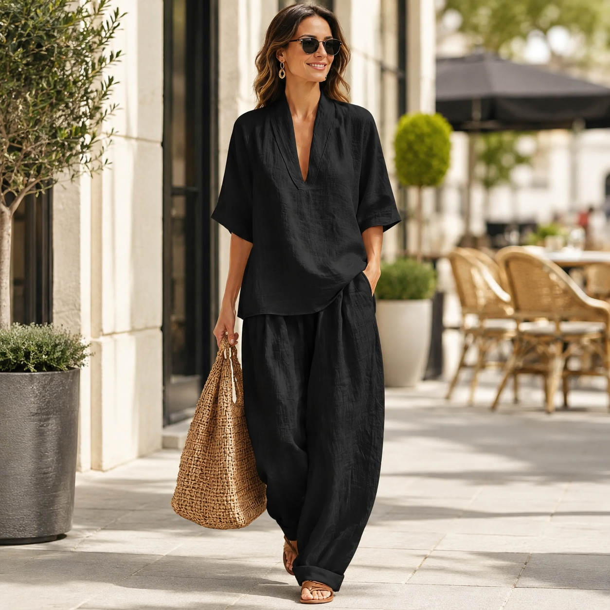 🌿 Women’s Relaxed V-Neck Linen-Blend 2-Piece Set – Breezy Wide-Leg Pants Outfit ✨