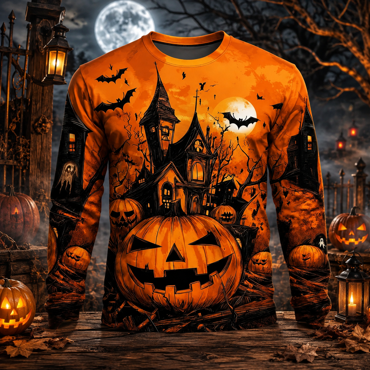 🎃 Men’s Halloween Horror Graphic Long Sleeve Shirt – Spooky Pumpkin & Monster Print 👻