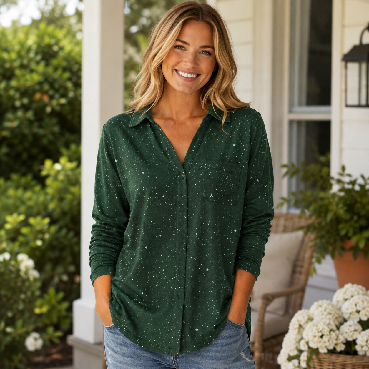 **Women’s Starry Print Collared Long Sleeve Casual Top – Relaxed Fit Everyday Shirt**