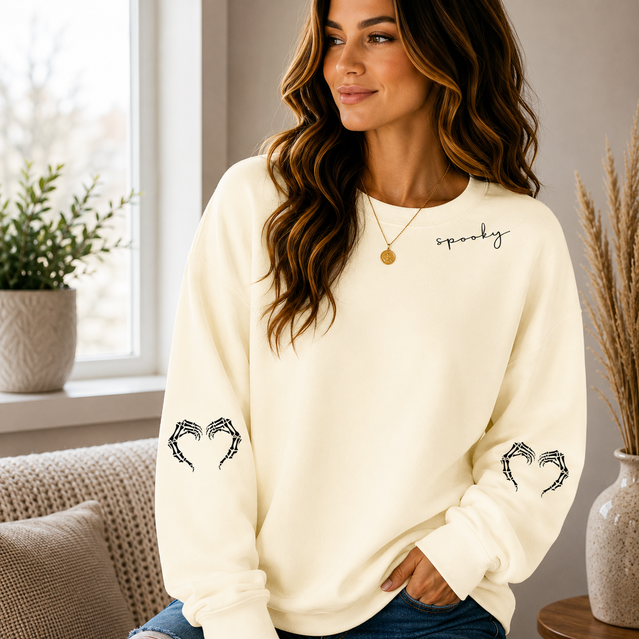 👻 Women’s Cute Ghost Halloween Sweatshirt – Cozy Long Sleeve Pullover, Spooky Fall Casual Top