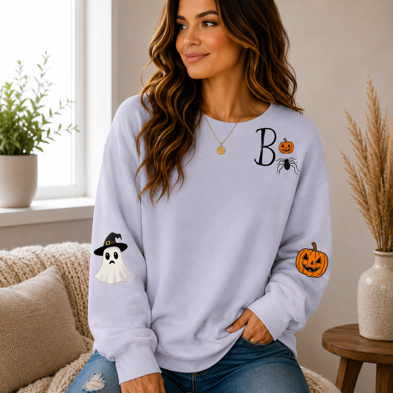 👻 Women’s Cute Ghost Halloween Sweatshirt – Cozy Long Sleeve Pullover, Spooky Fall Casual Top