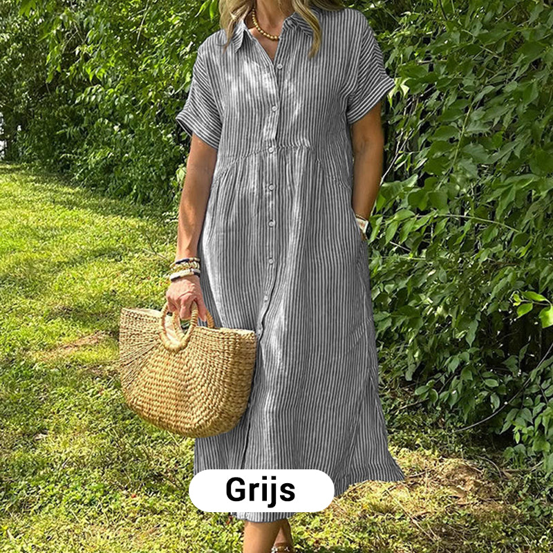 🎉 (Maat: S-4XL) 🛍️Nieuwe exclusieve zomerkleding 👗 Gestreepte revers-overhemdjurk met knopen | Met functionele zakken