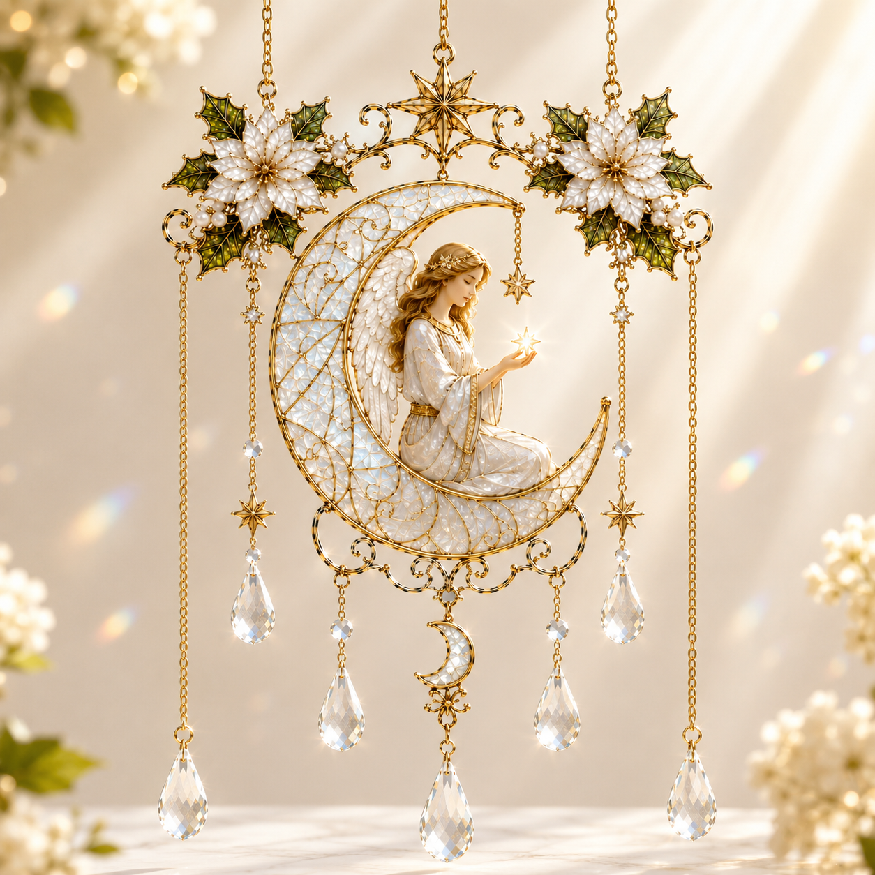 **Christmas Religious Suncatcher, Christian Angel & Cross Window Hanging Ornament, Stained Glass Crystal Sun Catcher Decor for Home, Church & Christmas Gifts**