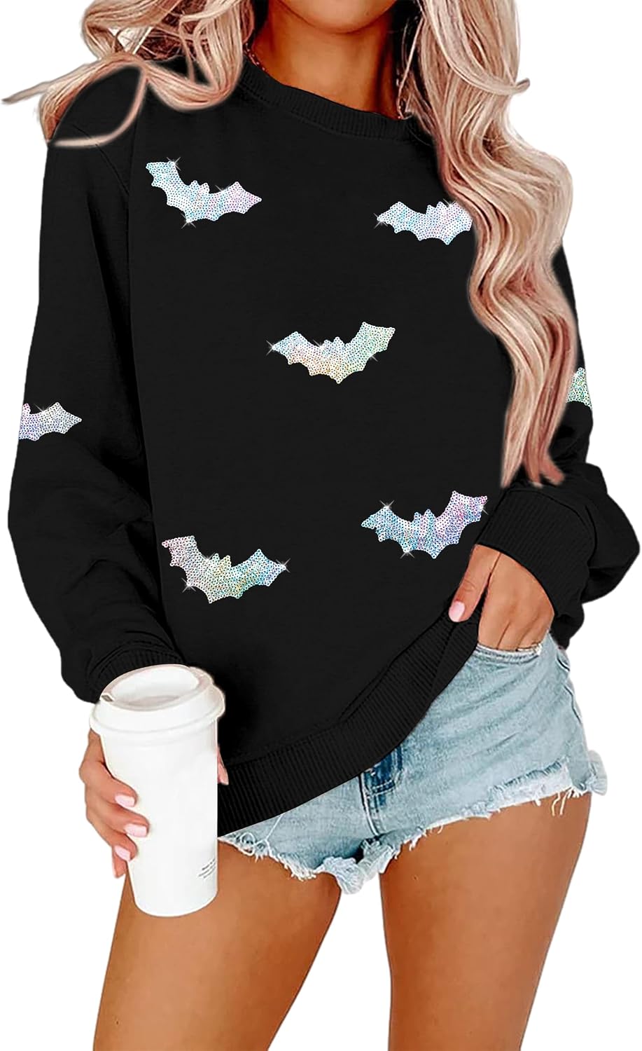 👻 Women's Halloween Sequin Pullover – Fun Ghost Graphic Crewneck for Festive Looks