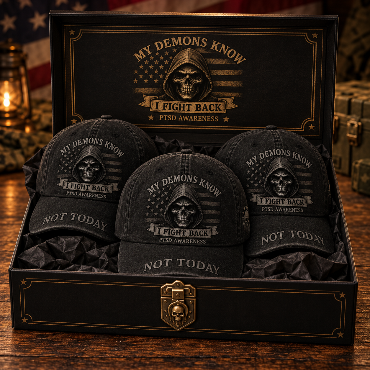 🖤 My Demons Know, I Fight Back – PTSD Awareness Vintage Dad Hat