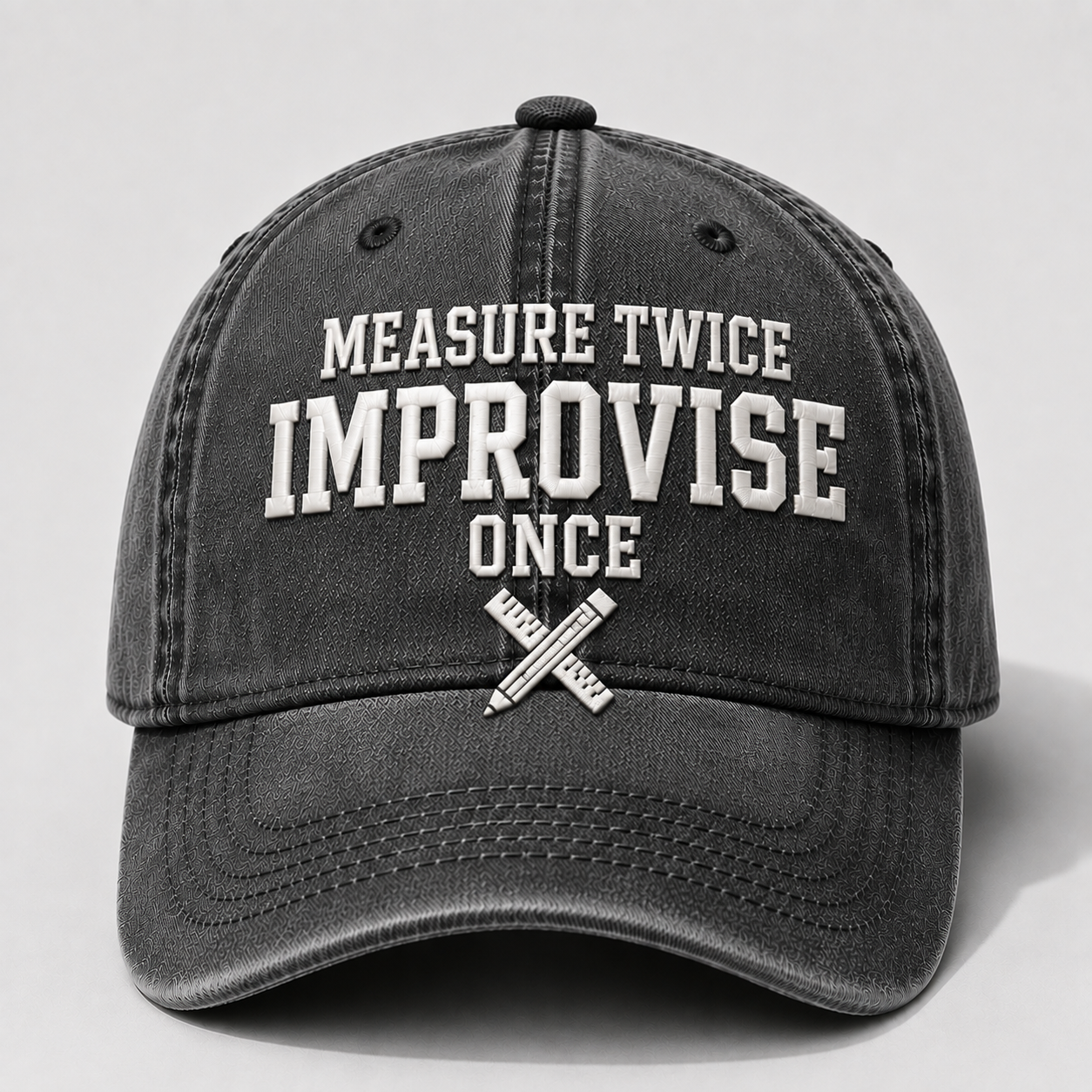 Men’s Vintage Embroidered Baseball Cap – “Measure Twice, Improvise Once” Adjustable Casual Hat
