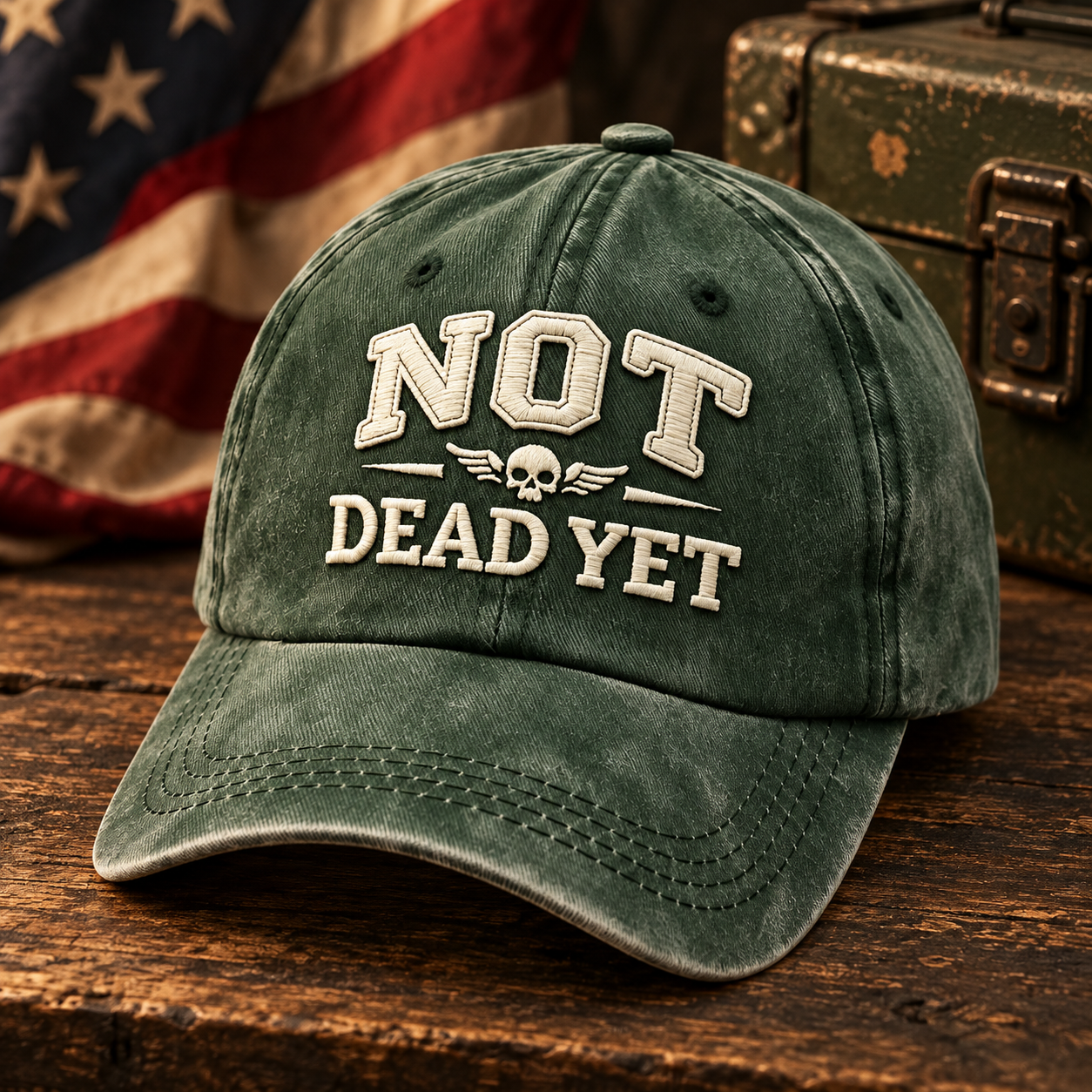 🧢Not Dead Yet Veteran Pride Dad Hat – Vintage Embroidered Cap