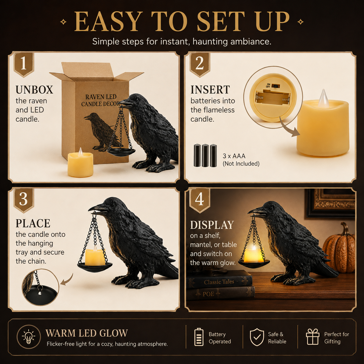 **Gothic Raven LED Candle Holder 🖤 – Spooky Hanging Lantern Décor for Halloween & Home**
