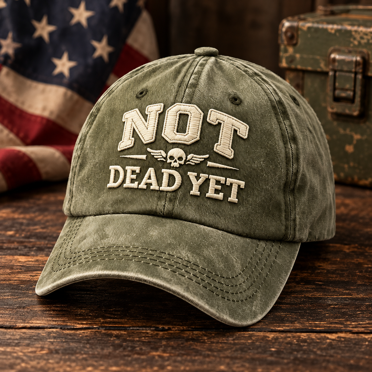 🧢Not Dead Yet Veteran Pride Dad Hat – Vintage Embroidered Cap