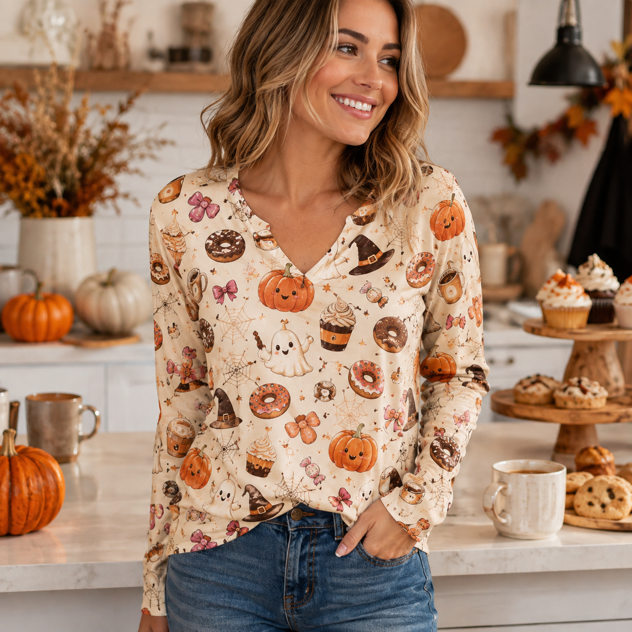 🎃 Spooky Sweet Halloween V-Neck Top – Festive Long Sleeve Style for Fall 👻🍬