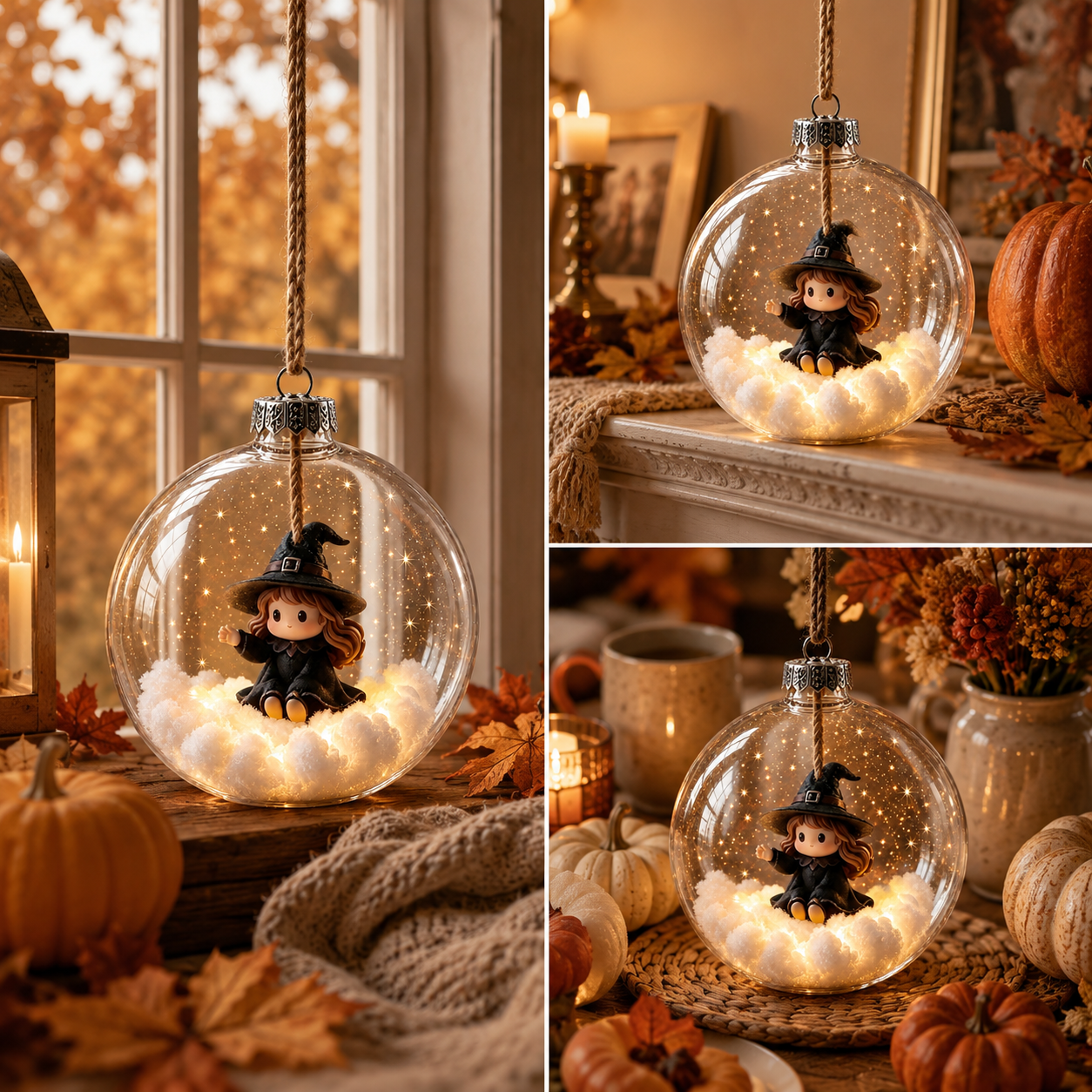 Ornement lumineux en forme de petite sorcière dans différents décors automnaux