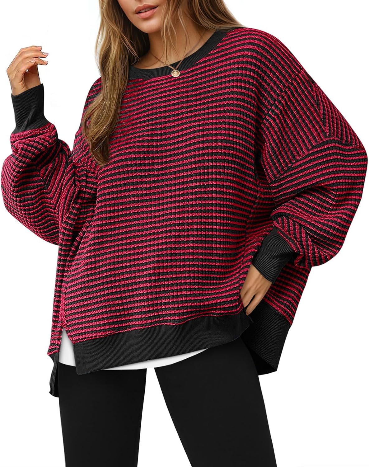 Fisoew Women's Fall Oversized Sweatshirt Casual Waffle Knit Long Sleeve Crewneck Split Pullover Tunic Tops