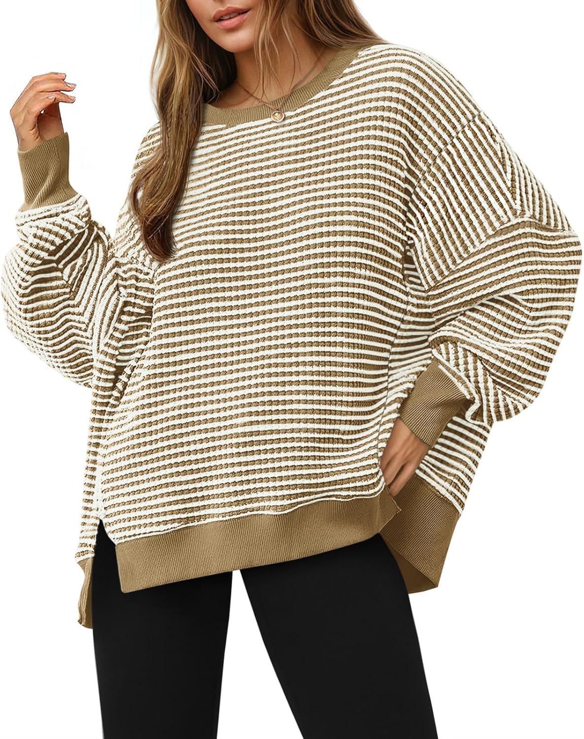 Fisoew Women's Fall Oversized Sweatshirt Casual Waffle Knit Long Sleeve Crewneck Split Pullover Tunic Tops