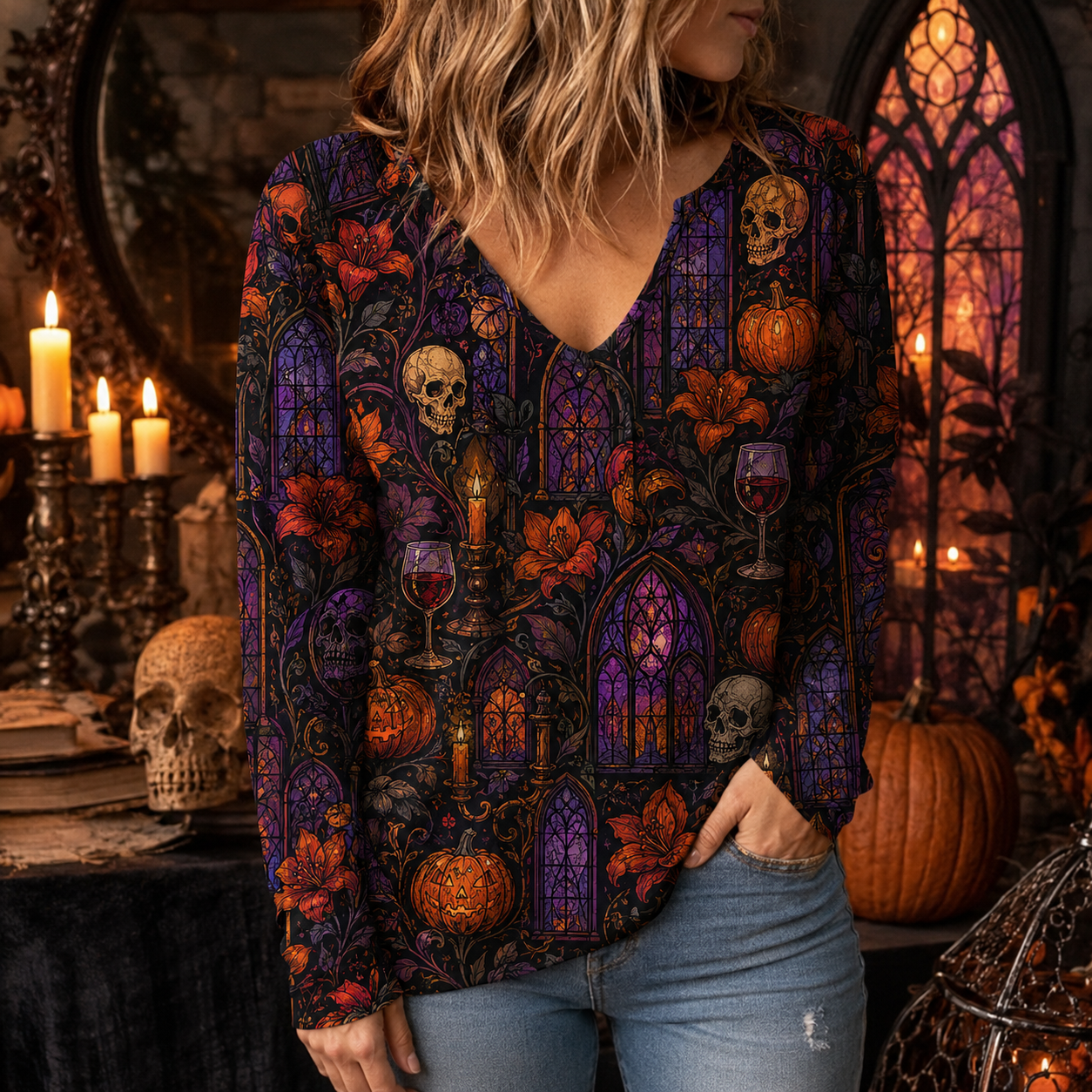 🎃 Spooky Sweet Halloween V-Neck Top – Festive Long Sleeve Style for Fall 👻🍬