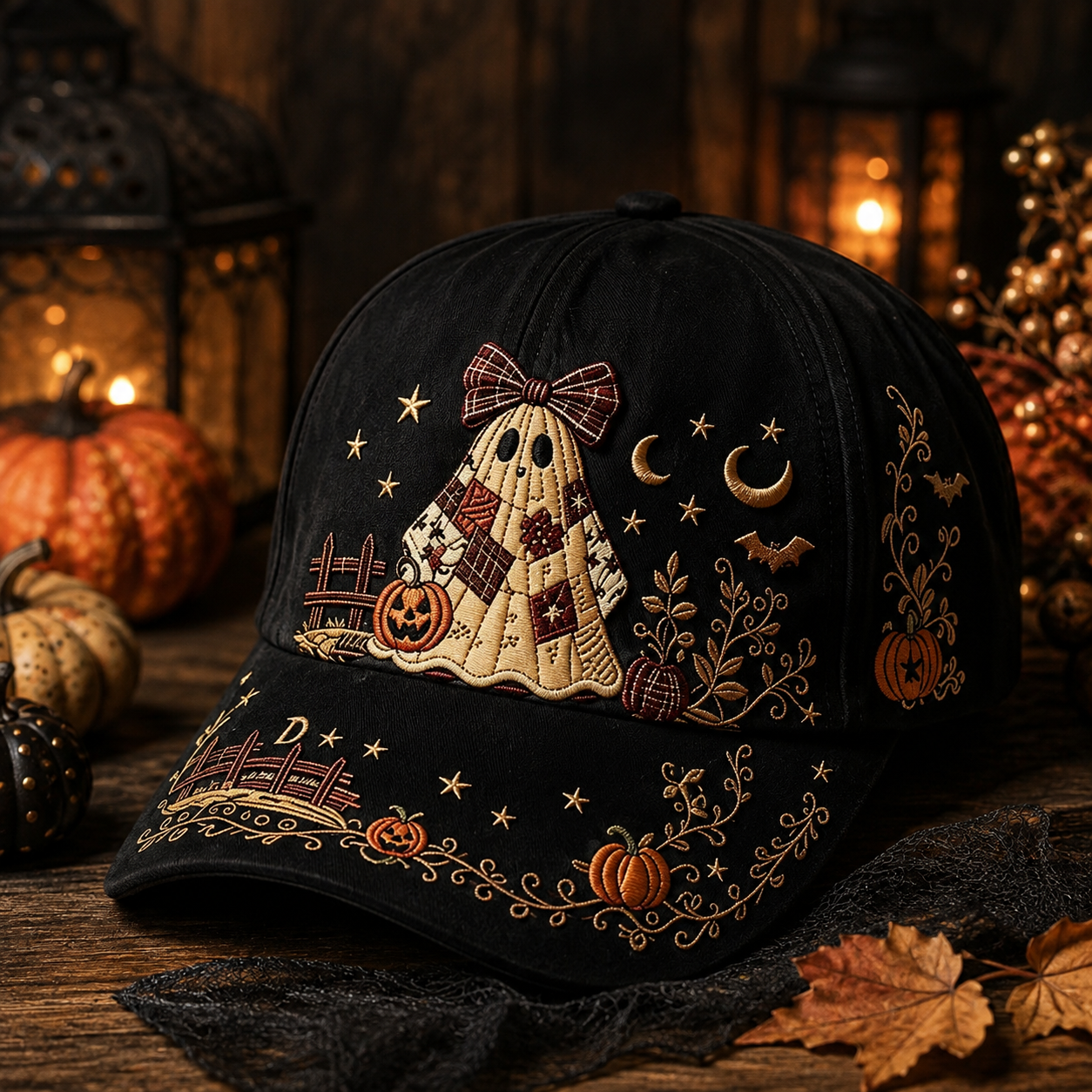 🎃 Vintage Ghost Embroidered Halloween Baseball Cap – Cozy Fall Pumpkin & Moon Design 👻🍂