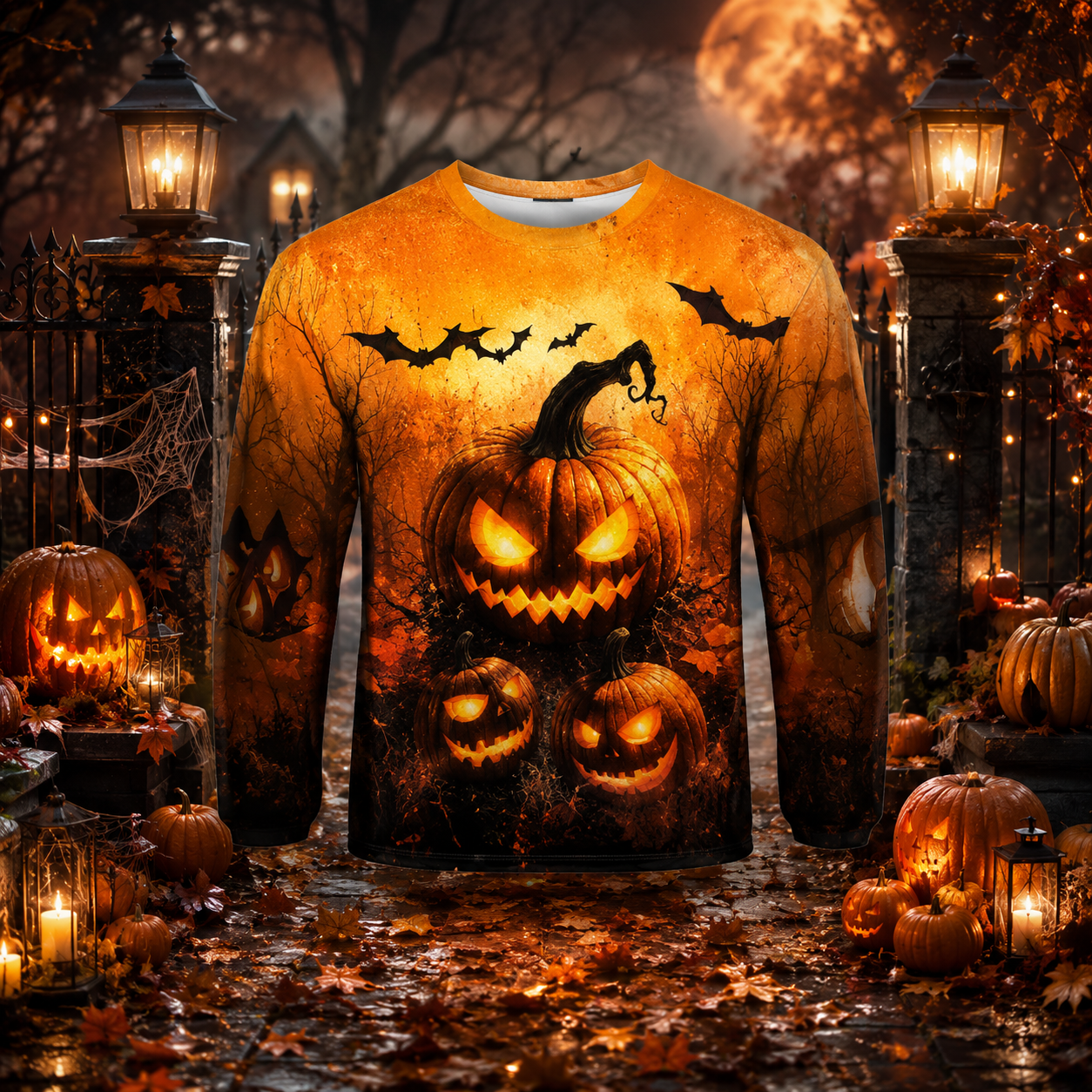 🎃 Men’s Halloween Horror Graphic Long Sleeve Shirt – Spooky Pumpkin & Monster Print 👻