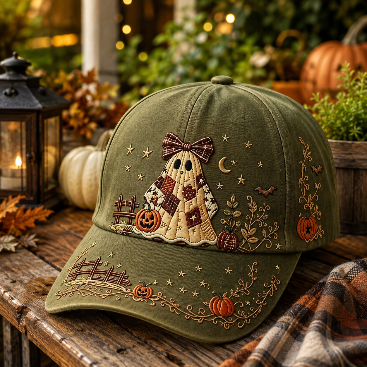 🎃 Vintage Ghost Embroidered Halloween Baseball Cap – Cozy Fall Pumpkin & Moon Design 👻🍂