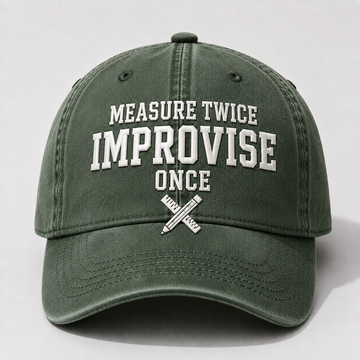 Men’s Vintage Embroidered Baseball Cap – “Measure Twice, Improvise Once” Adjustable Casual Hat