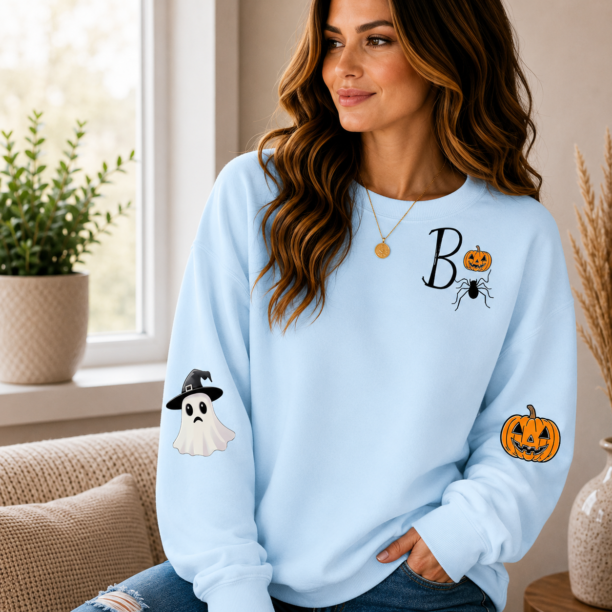 👻 Women’s Cute Ghost Halloween Sweatshirt – Cozy Long Sleeve Pullover, Spooky Fall Casual Top