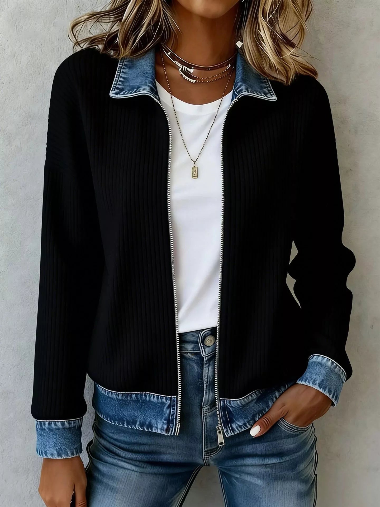 🎁New Arrivals 🔥Contrast Denim Collar Ribbed Knit Jacket