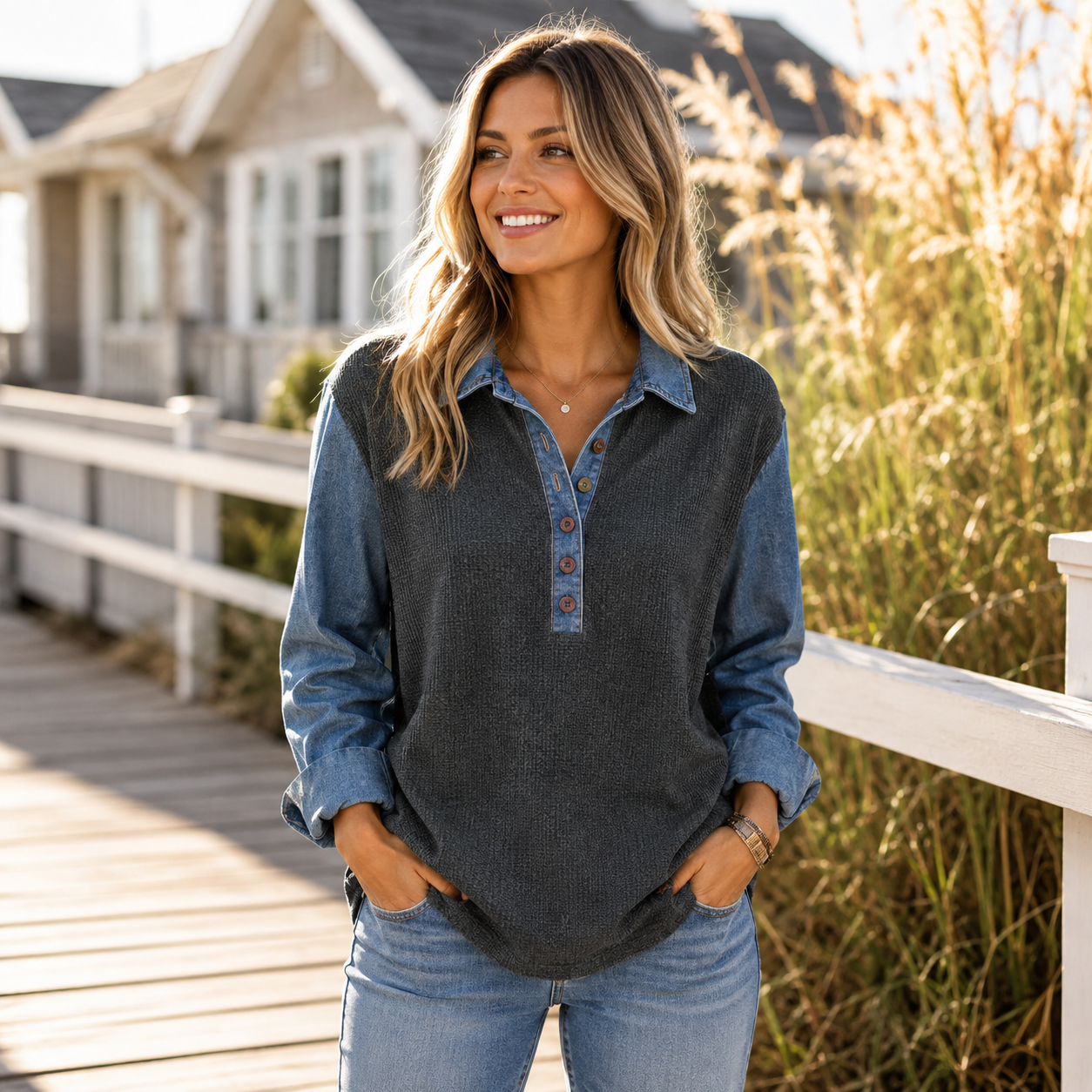 Women’s Casual Denim-Trim Pullover 💙 Soft Textured Long Sleeve Top for Everyday Comfort