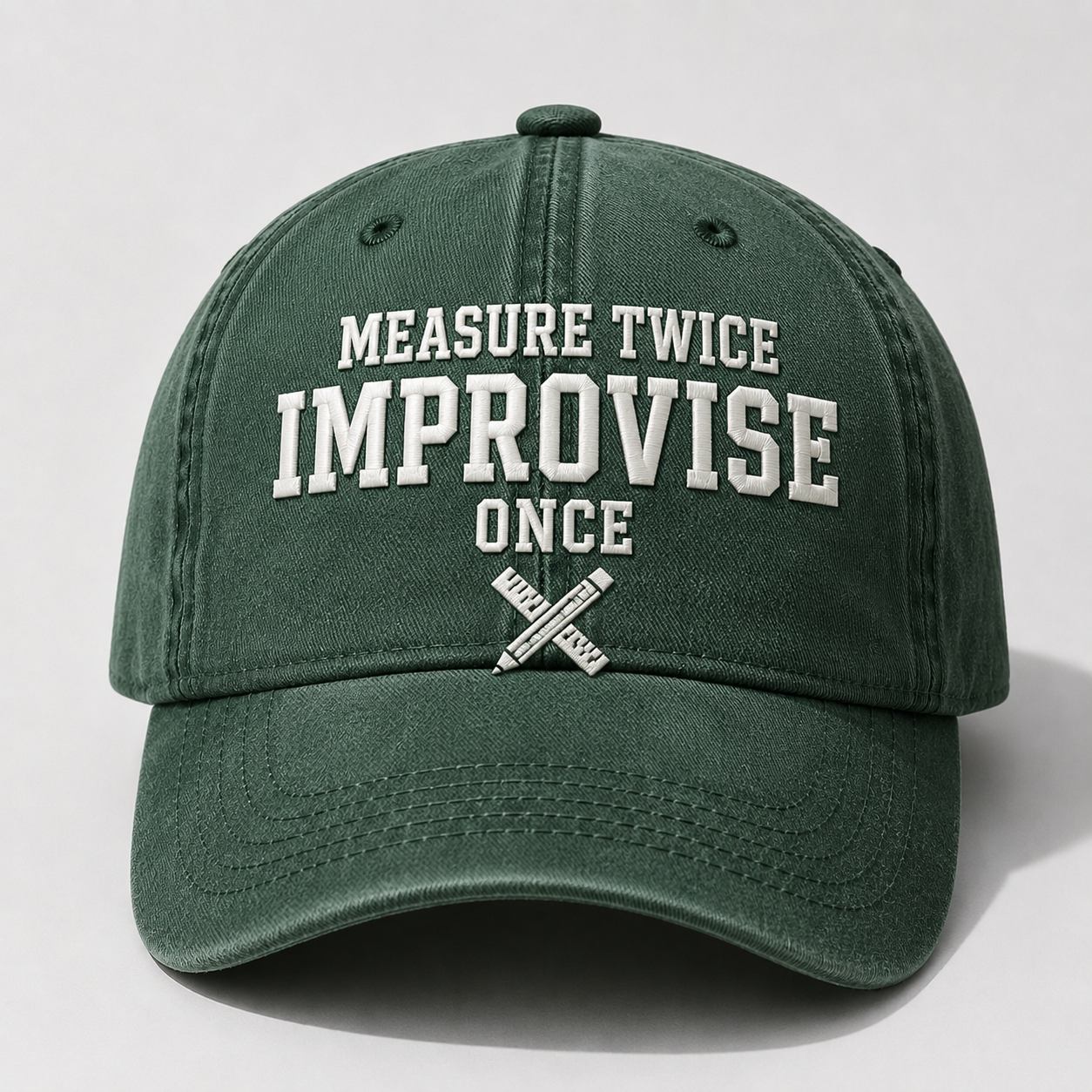 Men’s Vintage Embroidered Baseball Cap – “Measure Twice, Improvise Once” Adjustable Casual Hat