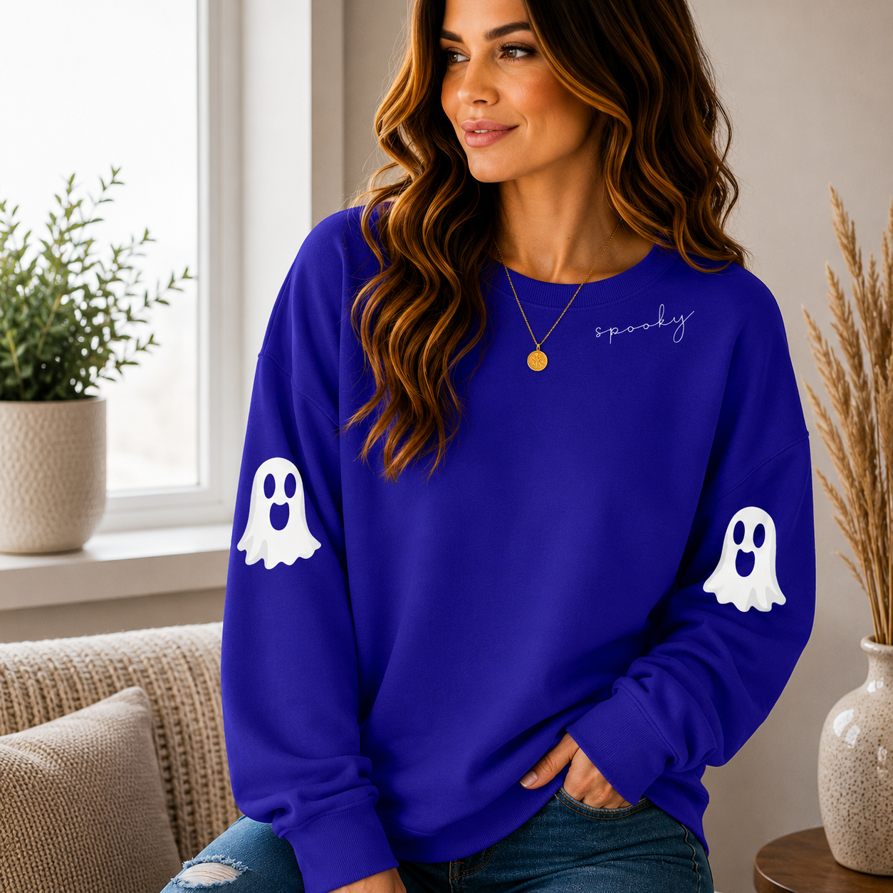 👻 Women’s Cute Ghost Halloween Sweatshirt – Cozy Long Sleeve Pullover, Spooky Fall Casual Top