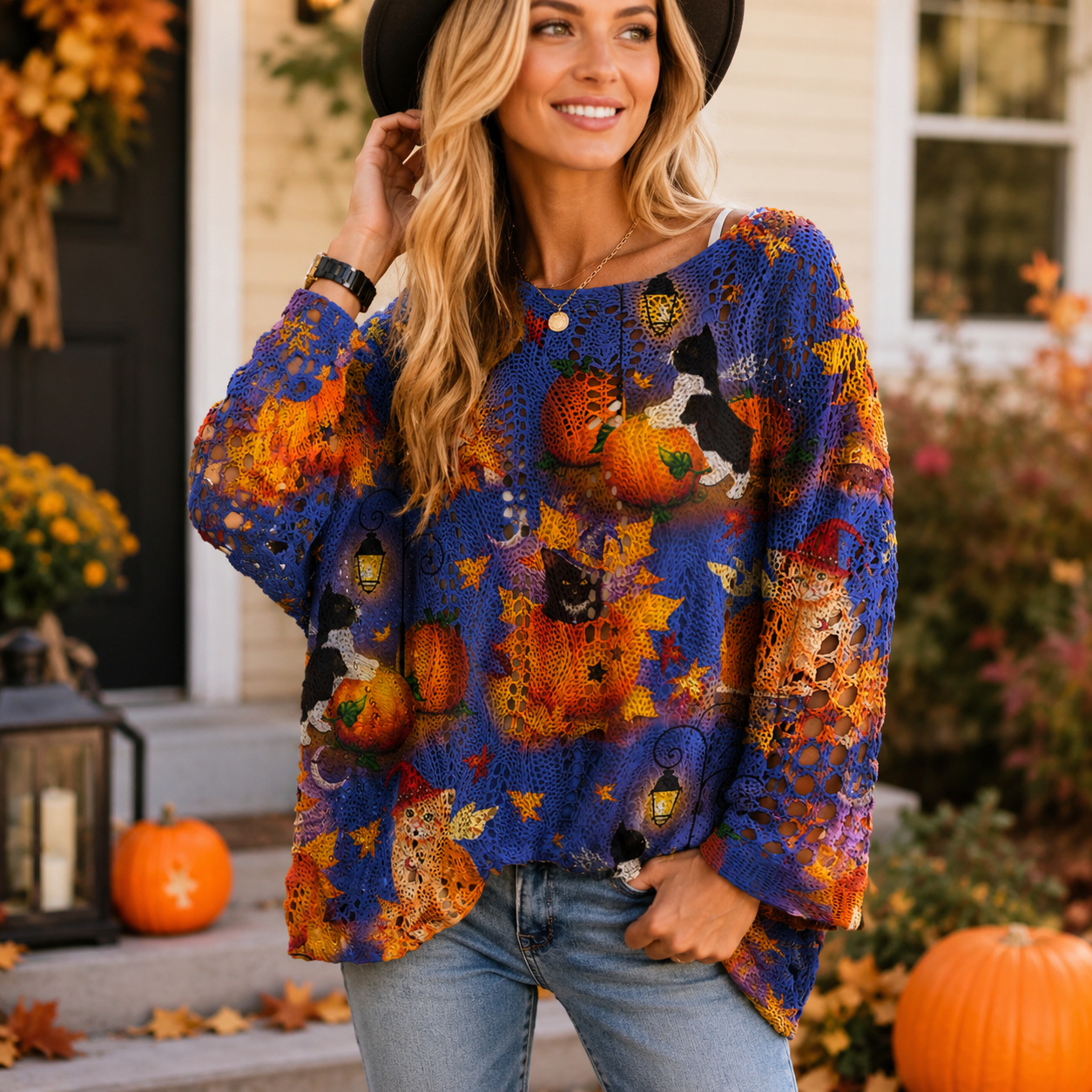Damen Halloween Häkelpullover 🎃 – Lockerer Herbstpullover mit Kürbis- & Fledermausmotiv