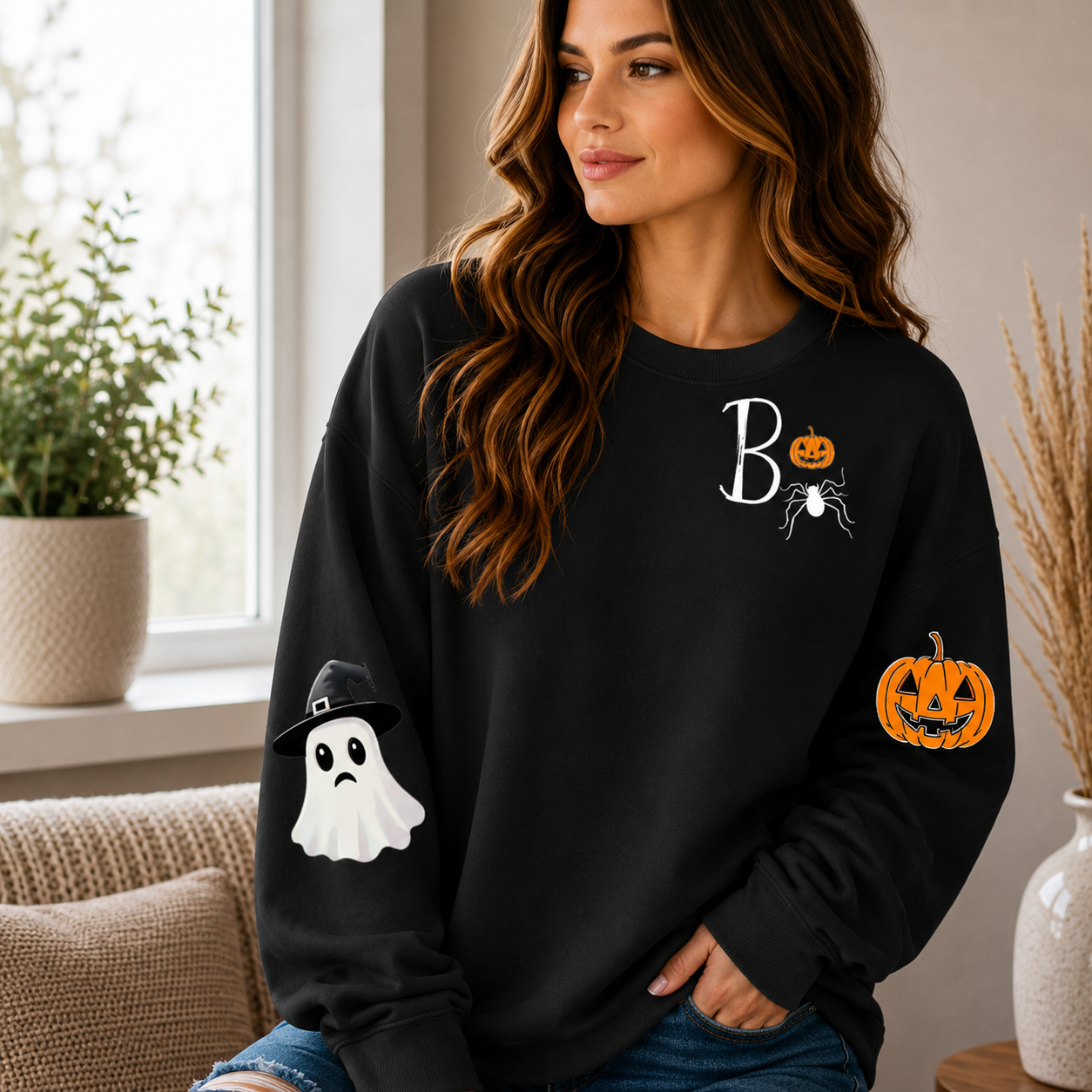👻 Women’s Cute Ghost Halloween Sweatshirt – Cozy Long Sleeve Pullover, Spooky Fall Casual Top