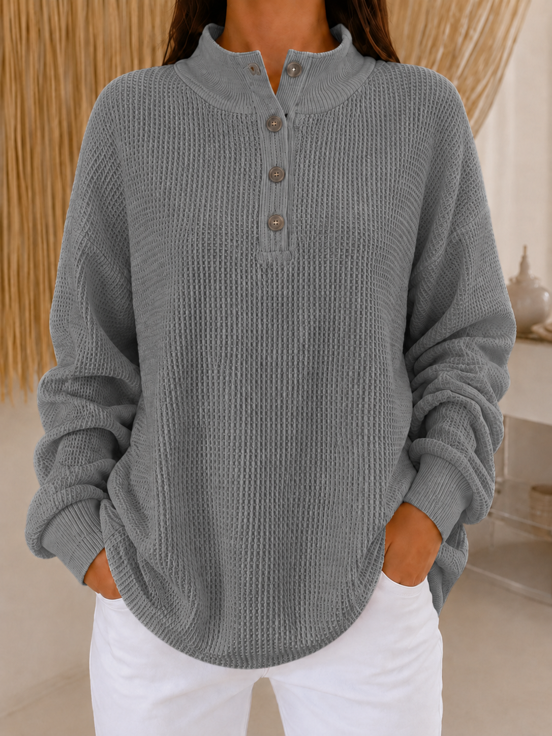 🔥🔥New Arrival - Women’s Waffle Knit Button Neck Pullover
