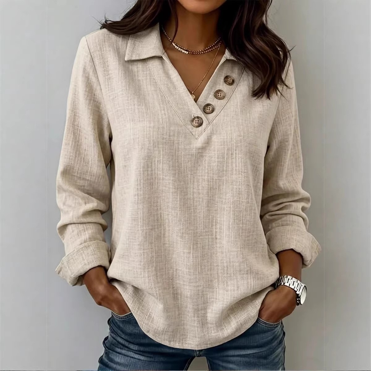 ✨ Women’s Casual Button V-Neck Long Sleeve Blouse – Relaxed Everyday Style